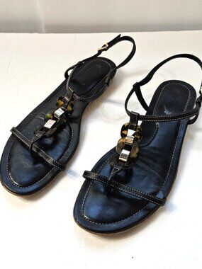 Tod's Black Thong Ankle Strap Sandals Tortoiseshell Chain w/ Dust Bag Sz 8 EU 38